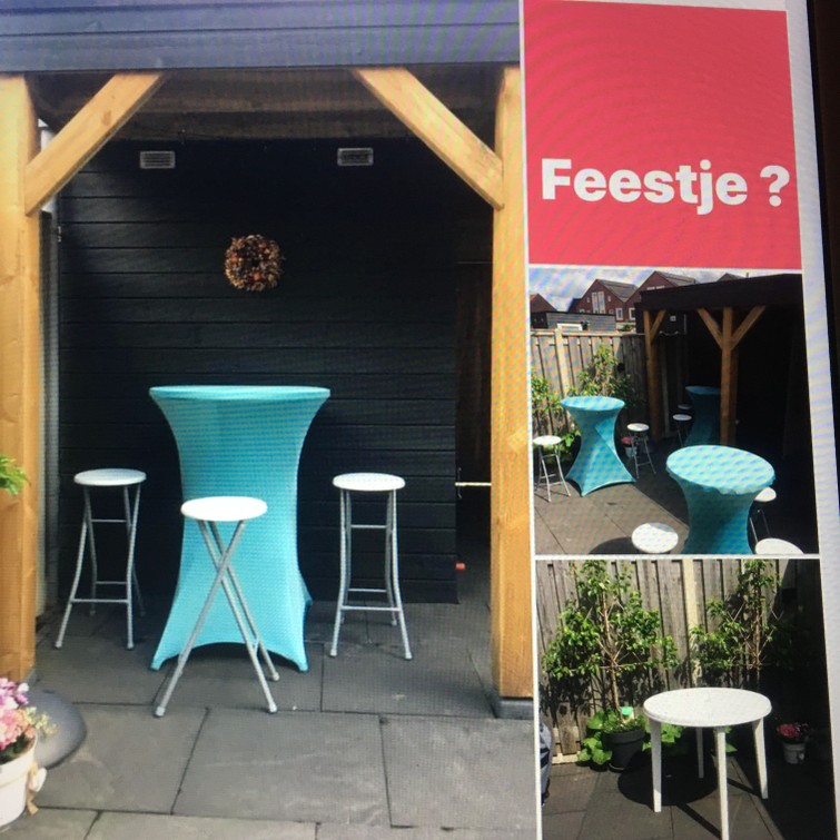 TE HUUR: 3x statafel set met rok en 2 barkrukken
