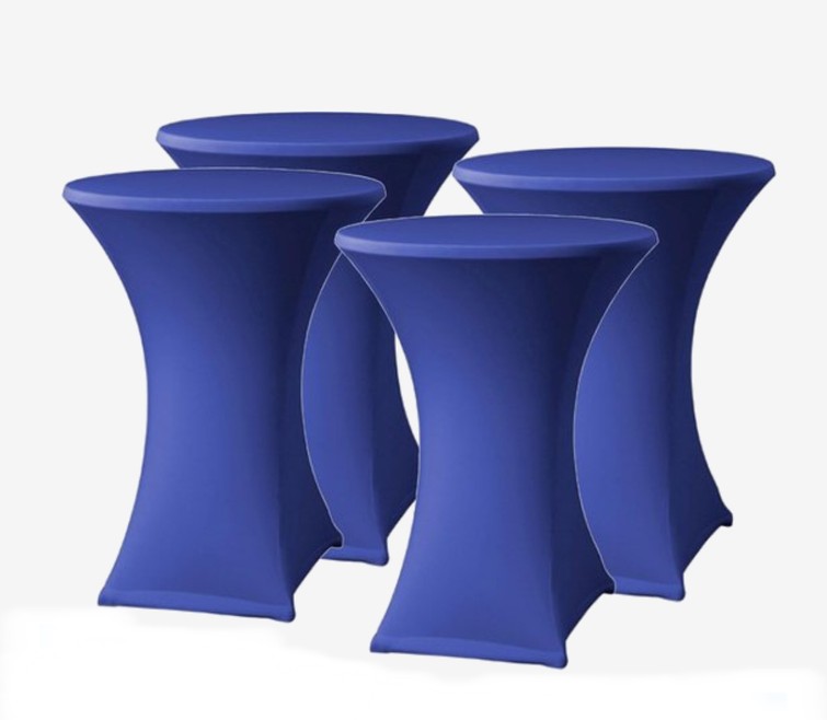 3 statafels met blauwe rokken